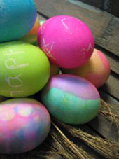 The fun of dyeing easter eggs with natural or man-made dyes.